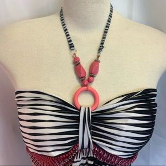 IMPRESS pink red black striped maxi dress Sz L - Picture 3 of 8